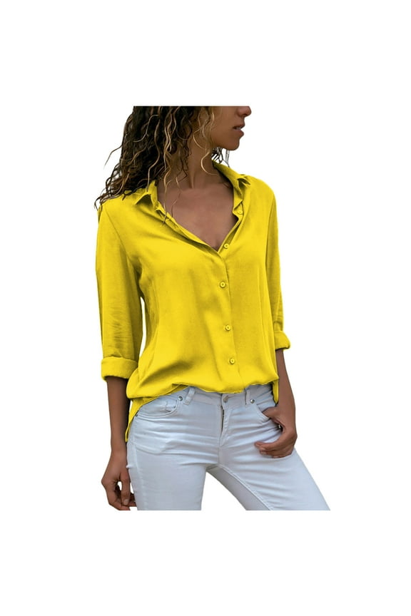 Chiffon Shirts for Women Plus Size Button down Business Dressy Tops Classic Long Sleeve Lapel Work Office Blouses Spring Fall(Large,Yellow)