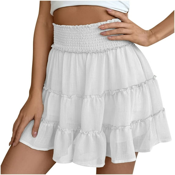 UAMVSH Chiffon Skorts for Women Trendy Boho Casual Vacation High Waist Skirts Tiered Flowy Solid Color Skirts Inner Shorts