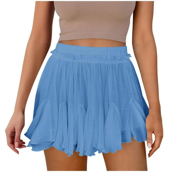 UAMVSH Chiffon Skorts for Women Trendy Boho Pleated Summer Vcation Skirts with Shorts Elastic Waist Ruffle Hem Culottes Shorts