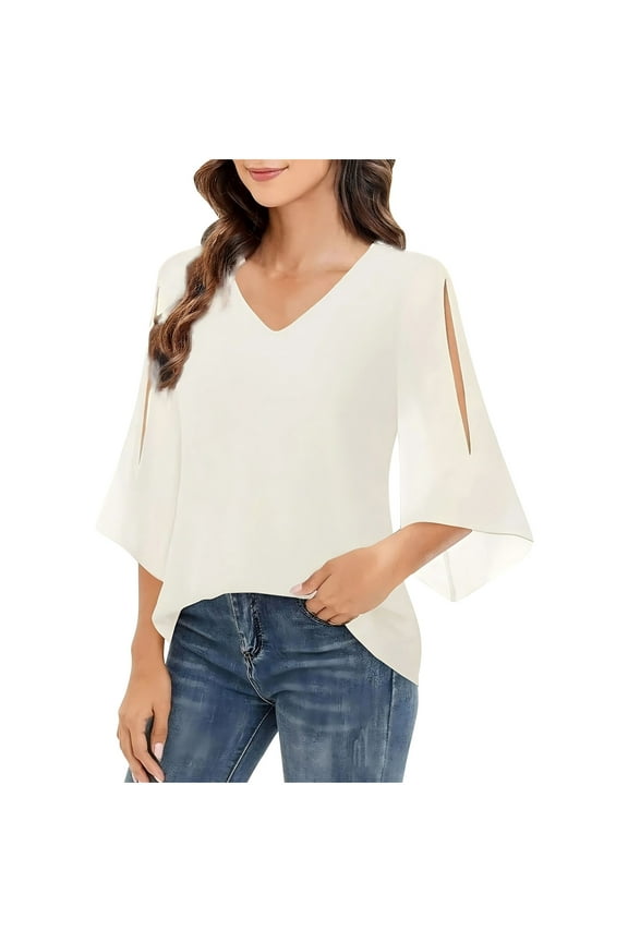Chiffon Tops for Women Trendy Slit 3/4 Sleeve Flowy Evening Party Shirts Lightweight Business Work Blouses Ladies Fashion(Large,White)