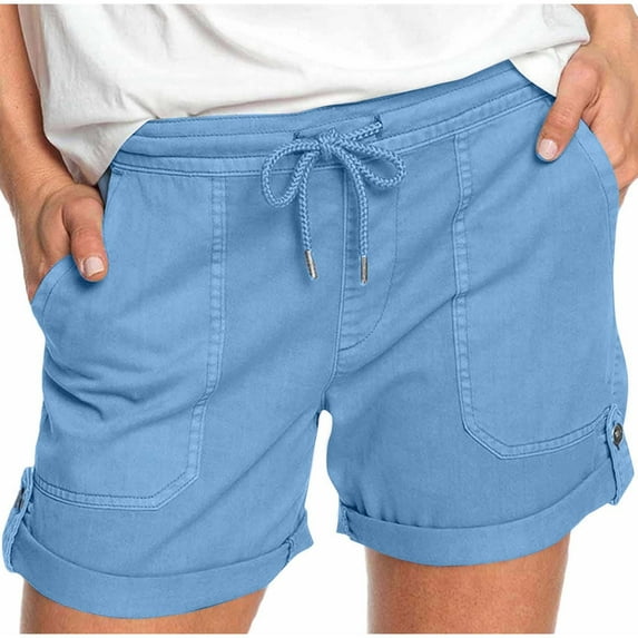 UAMVSH Chino Shorts for Women Casual Summer Beach Vacation Twill Shorts Trendy Cuffed Hem Elastic Waist Drawstring Pockets Shorts