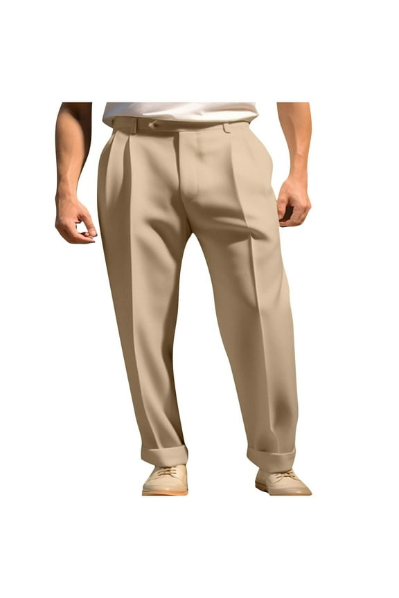 Chino Suit Pants for Men Trendy Pleated Front Twill Dress Pants with Pockets Loose Fit Wide Leg Work Business Trousers(Medium,Khaki)