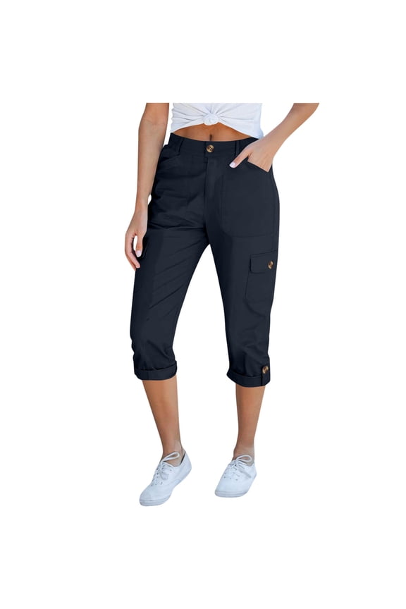 Chino capri Pants for Women Trendy Cuffed Hem cargo Capris with Pockets Casual Business Work Twill Cropped Pants(Large,Dark Blue 1)