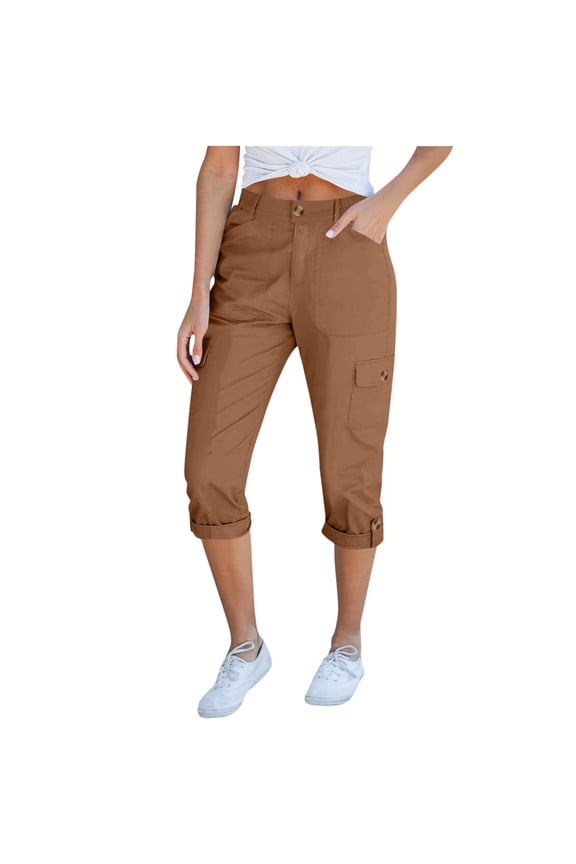 Chino capri Pants for Women Trendy Cuffed Hem cargo Capris with Pockets Casual Business Work Twill Cropped Pants(Large,Gold 1)