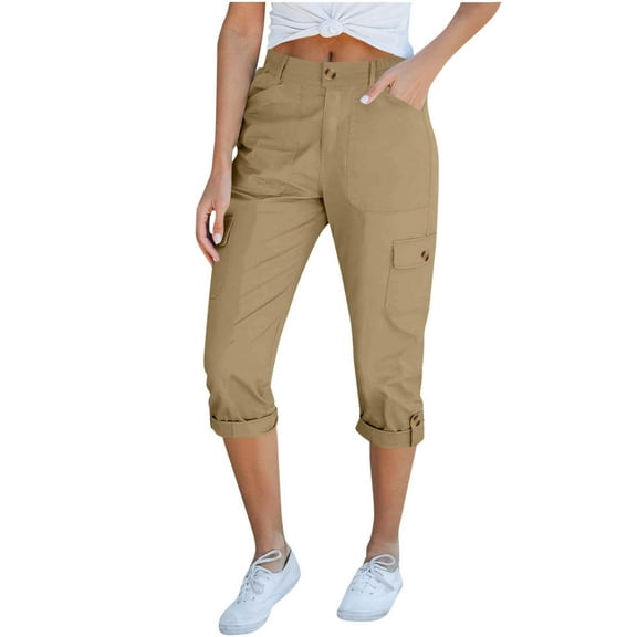 UAMVSH Chino capri Pants for Women Trendy Cuffed Hem cargo Capris with Pockets Casual Business Work Twill Cropped Pants(Medium,Khaki 1)