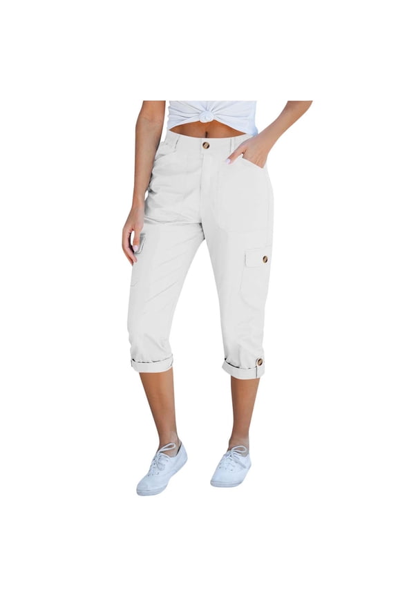 Chino capri Pants for Women Trendy Cuffed Hem cargo Capris with Pockets Casual Business Work Twill Cropped Pants(Medium,White)