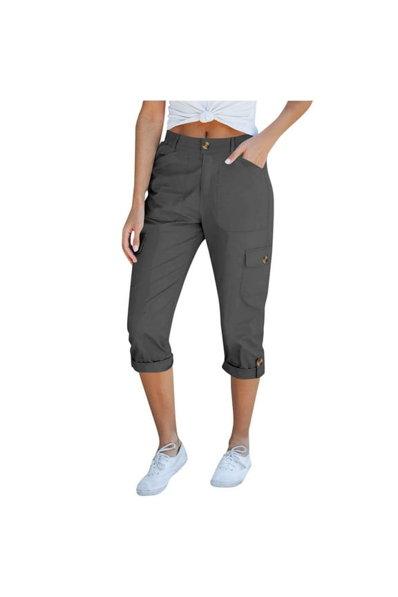 Chino capri Pants for Women Trendy Cuffed Hem cargo Capris with Pockets Casual Business Work Twill Cropped Pants(Small,Gray)