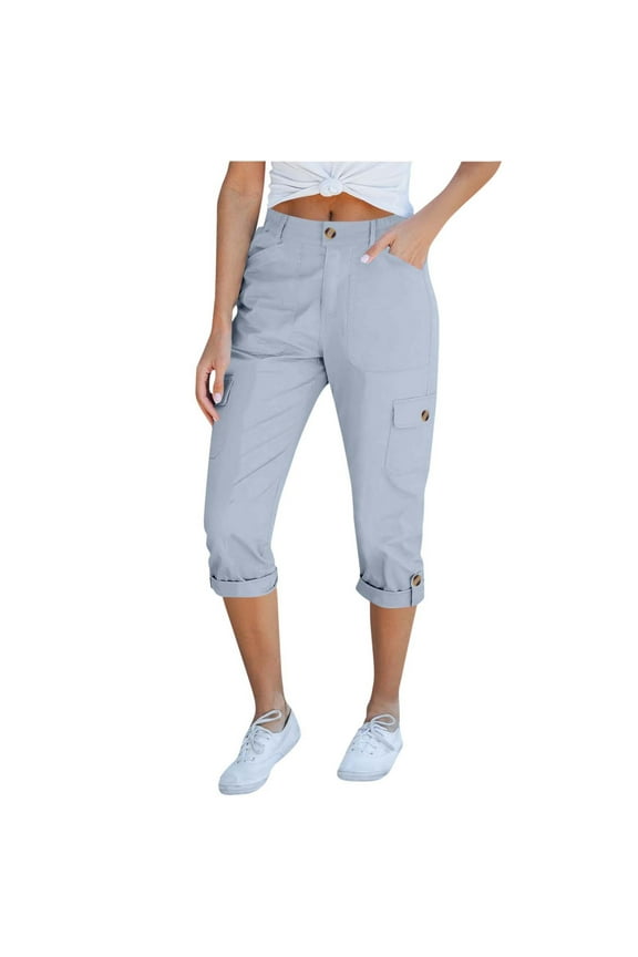 Chino capri Pants for Women Trendy Cuffed Hem cargo Capris with Pockets Casual Business Work Twill Cropped Pants(X-Large,Blue)