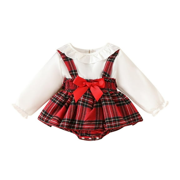 UAMVSH Christmas Baby Girl Dress Romper Infant Ruffle Crewneck Long Sleeve Bodysuit Bow Tie Plaid Newborn Onesies Fall Winter Clothes