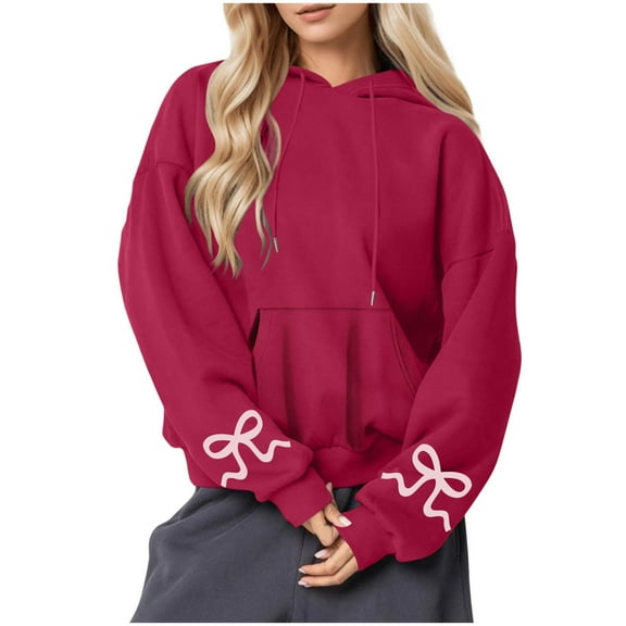 UAMVSH Christmas Hoodies for Women Print Bow Tie Oversized Long Sleeve Hooded Sweatshirts Fall Winter Casual Drop Shoulder Pullover Tops