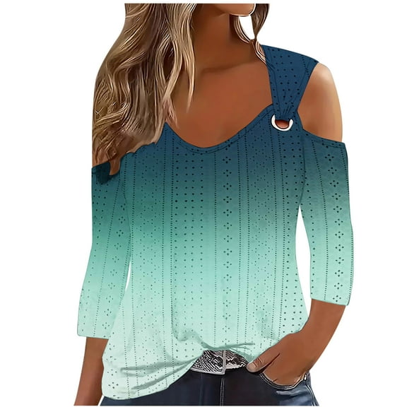 UAMVSH Cold Shoulder Blouses for Womens Elegant Eyelet V Neck 3/4 Sleeve Dressy Shirts Casual Gradient Cut out Tunic Tops(Medium,Green)