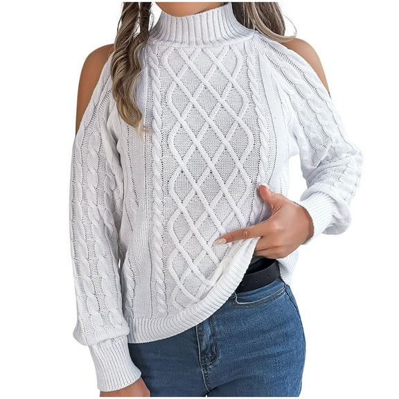 UAMVSH Cold Shoulder Sweaters for Women Turtleneck Tops Fall Comfy Long Sleeve Soft Cable Knitted Pullovers Trendy Going out Sweaters(X-Large,White)
