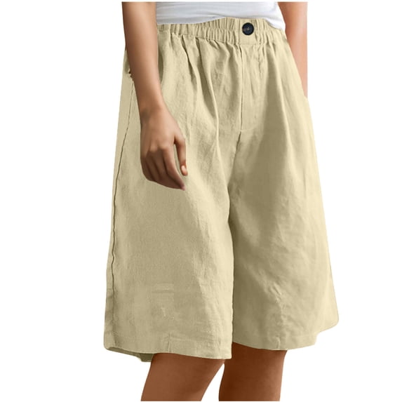 UAMVSH Comfy Shorts for Women Cotton Line Knee Length Capri Pants Summer Beach Pockets Elastic Waist Baggy Long Shorts with Button