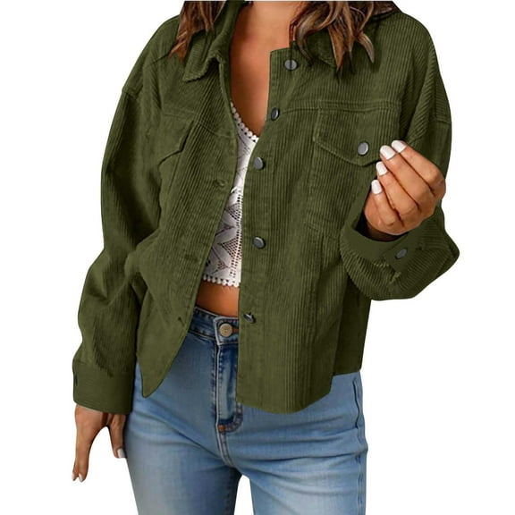 UAMVSH Corduroy Jacket Women Dressy Casual Long Sleeve Cropped Shacket Fall Vintage Lapel Button Down Shirts Outwear with Pockets