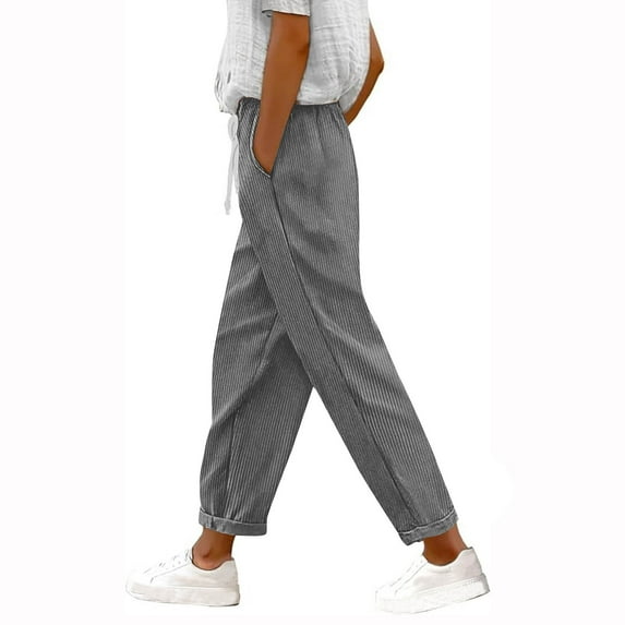 UAMVSH Corduroy Pants for Women Warm Comfy Straight Leg Lounge Pants with Pockets Casual Elastic Waist Work Trousers Fall Winter(Medium,Gray)