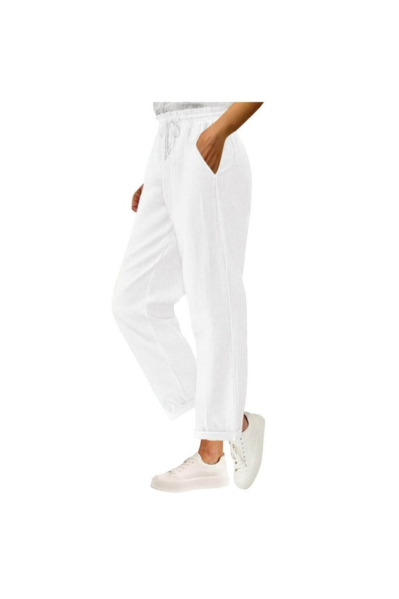 Corduroy Pants for Women Warm Ribbed Straight Leg Pants with Pockets Trendy High Waist Cuffed Hem Fall Lounge Pants(Large,White)