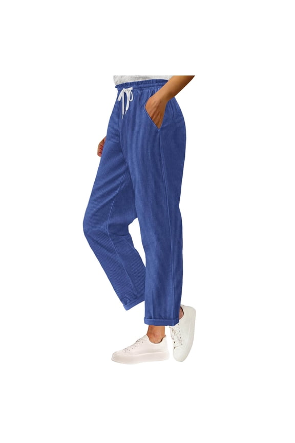 Corduroy Pants for Women Warm Ribbed Straight Leg Pants with Pockets Trendy High Waist Cuffed Hem Fall Lounge Pants(Medium,Blue)