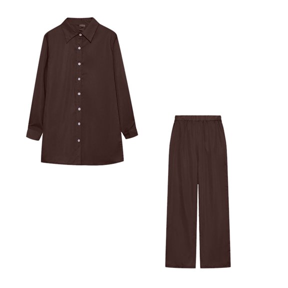 UAMVSH Cotton Linen 2 Piece Outfits for Women Casual Button down Long Sleeve Shirts Pantsuits Sets Soft Beach Vacation Loungewear(SmallCoffee)