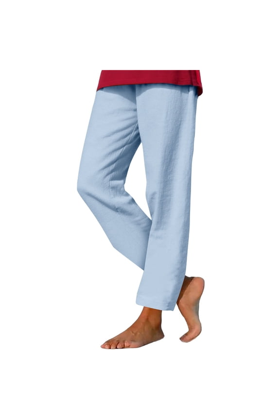 Cotton Linen Beach Pants for Women Lightweight Straight Leg Drawstring Pants Solid Color Casual Daily Pants with Pockets(X-Large,Sky Blue)