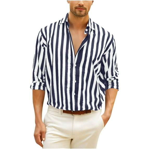 UAMVSH Cotton Linen Button down Shirts for Men Trendy Striped Color Block Lapel Neck Long Sleeve Business Casual Dressy Tops(X-Large,Dark Blue)