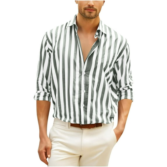 UAMVSH Cotton Linen Button down Shirts for Men Trendy Striped Color Block Lapel Neck Long Sleeve Business Casual Dressy Tops(XX-Large,Green)
