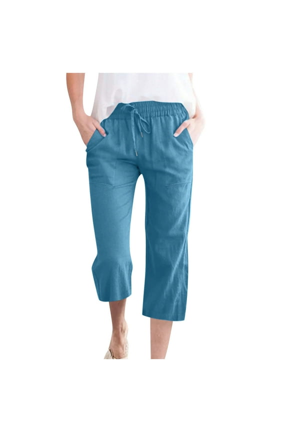 Cotton Linen Capri Pants for Women Summer Lightweight Straight Leg Cropped Pants with Pockets Casual High Waist Drawstring Beach Capris(Medium,Dark Blue)