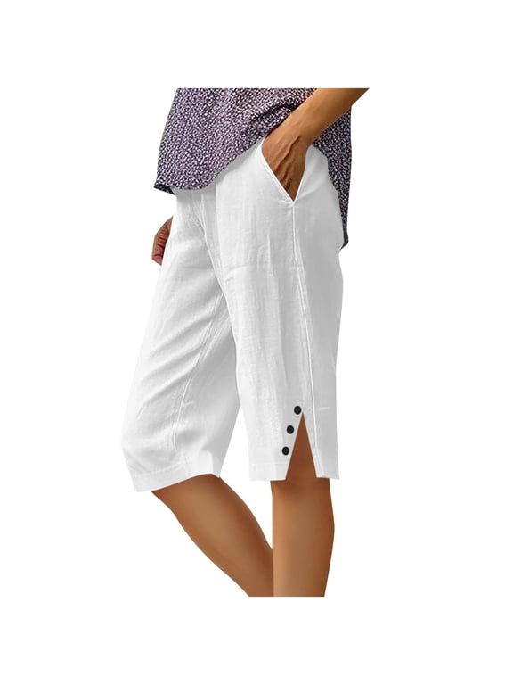 Cotton Linen Capris for Women Soft Baggy Summer Casual Capri Pants with Pockets Side Slit Trendy Wide Leg Cropped Pants