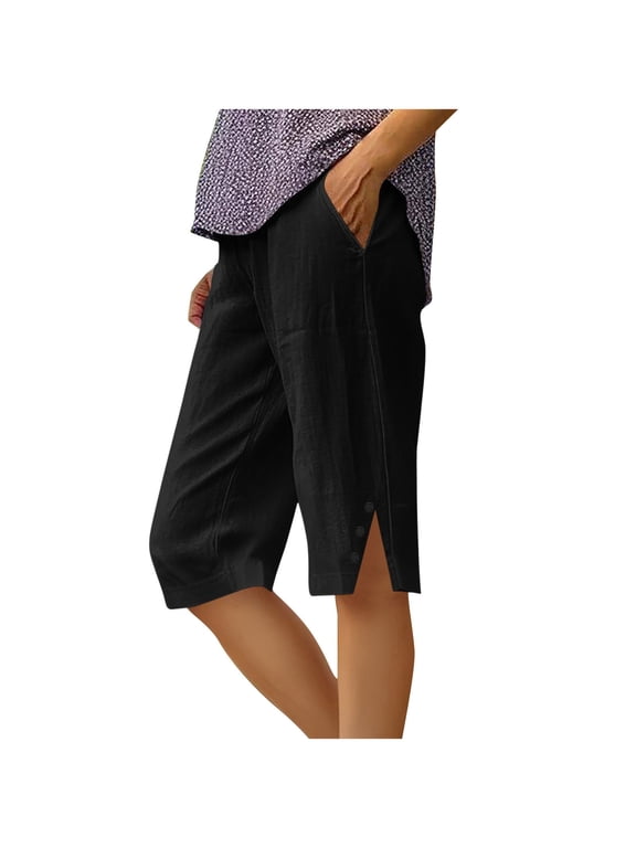 Cotton Linen Capris for Women Soft Baggy Summer Casual Capri Pants with Pockets Side Slit Trendy Wide Leg Cropped Pants