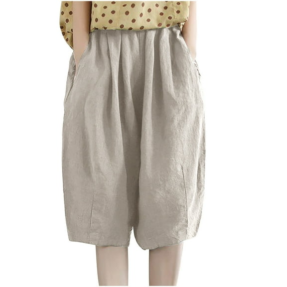 UAMVSH Cotton Linen Capris for Women Soft Summer Beach Vacation Capri Pants with Pockets Elastic Waist Baggy Wide Leg Casual Cropped Pants