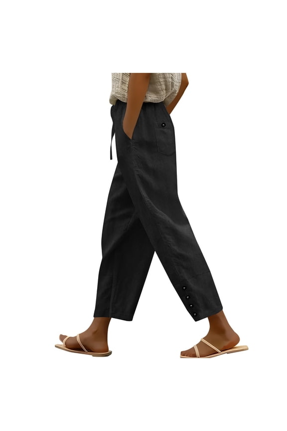 Cotton Linen Capris for Women Summer Breathable Beach Lounge Capri Pants With Pockets Lightweight Drawstring Button Cropped Pants