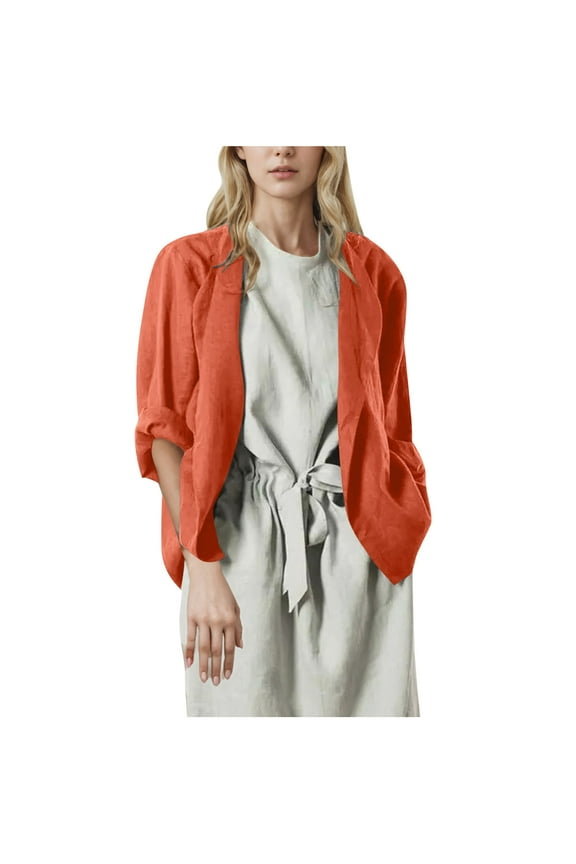 Cotton Linen Cardigans for Women Oversized Long Sleeve Open Front Basic Shrug Outerwear Loose Fit Plain Loungewear(Large,Orange)