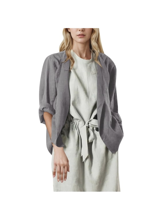 Cotton Linen Cardigans for Women Oversized Long Sleeve Open Front Basic Shrug Outerwear Loose Fit Plain Loungewear(Small,Gray)