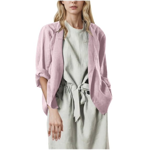 UAMVSH Cotton Linen Cardigans for Women Oversized Long Sleeve Open Front Basic Shrug Outerwear Loose Fit Plain Loungewear(XX-Large,Pink)