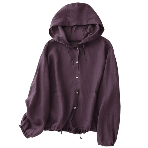 UAMVSH Cotton Linen Hooded Jackets for Women Lightweight Sun Protection Hoodie with Pockets Casual Button down Long Sleeve Tops(X-Large,Purple)