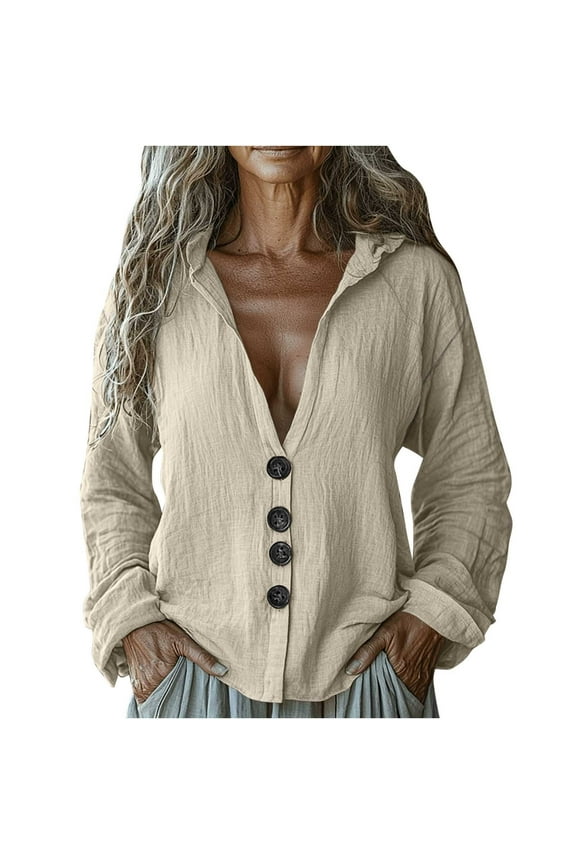 Cotton Linen Hoodie Shirts for Women Lightweight Long Sleeve Button down Blouses Casual Loose V-Neck Hooded Top Cover Up(X-Large,Beige 1)