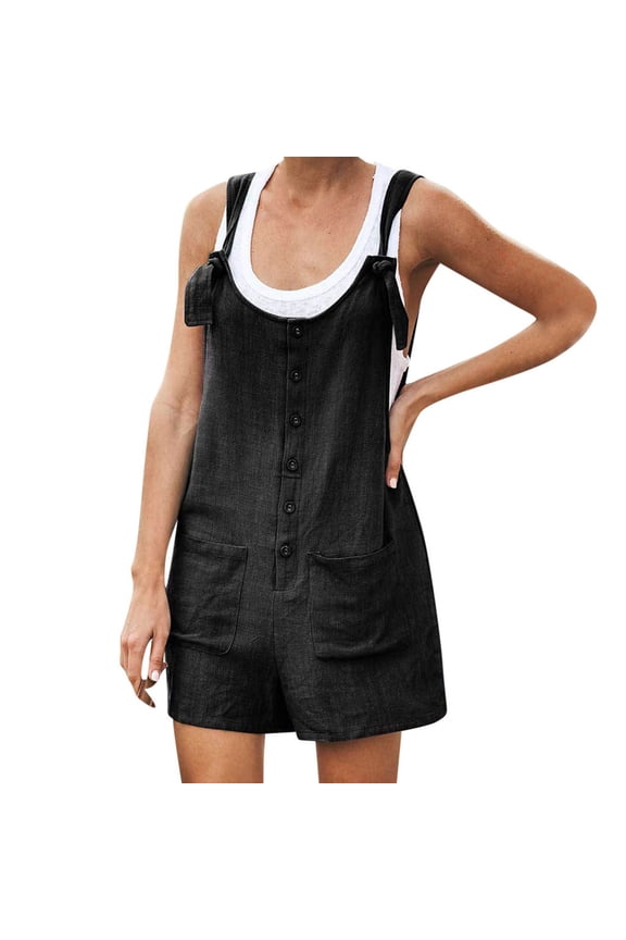 Cotton Linen Overalls for Women Plus Size Adjustable Wide Strap Jumpsuit Sleeveless Button Front Short Rompers with Pockets