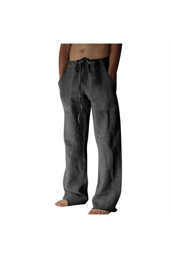 Cotton Linen Pants for Men Casual Loose Fit Beach Drawstring Slacks Elastic Waist Solid Color Lounge Pants with Pockets(LargeDark Gray)