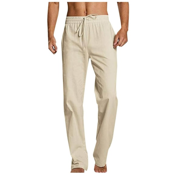 UAMVSH Cotton Linen Pants for Men Lightweight Straight Leg Beach Lounge Pants with Pockets Basic Drawstring Casual Pants(X-Large,Khaki)