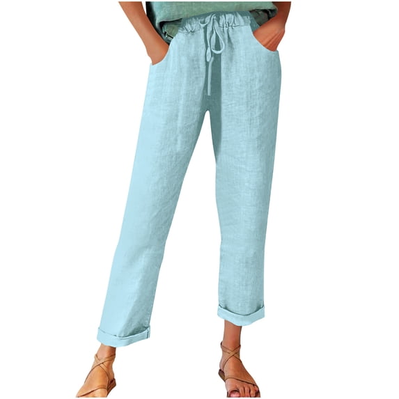 UAMVSH Cotton Linen Pants for Women Summer Casual Baggy Pants for Beach Vcation Trendy Cuffed Hem Pockets Loungte Pants