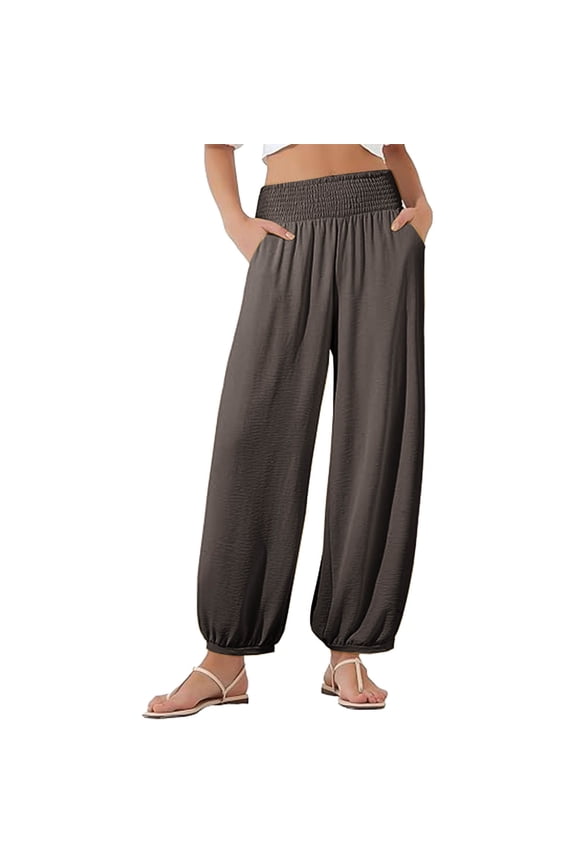 Cotton Linen Pants for Women Soft Summer Beach Vacation Boho Harem Pants Baggy Smocked Waist Pants with Pockets