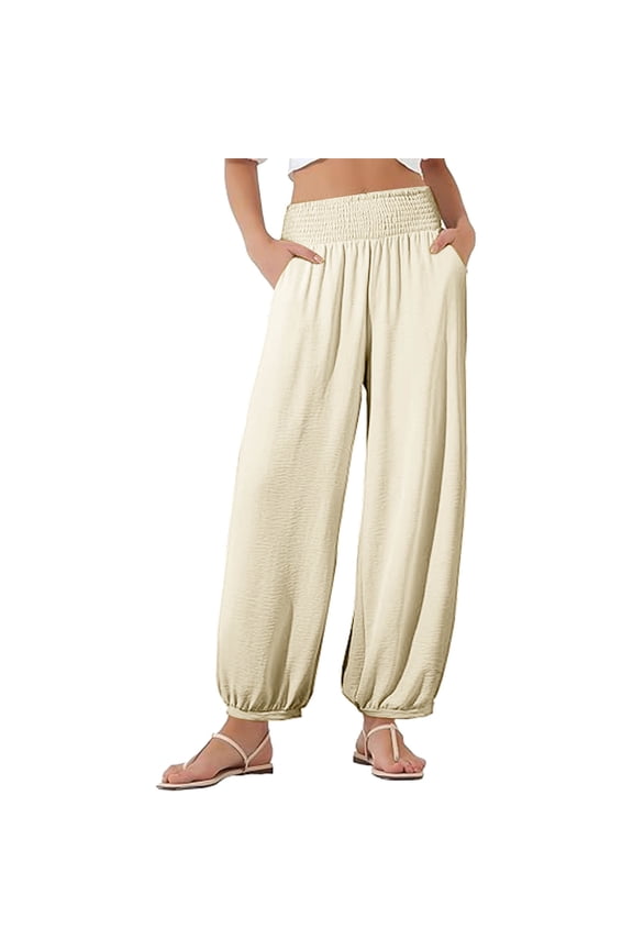 Cotton Linen Pants for Women Soft Summer Beach Vacation Boho Harem Pants Baggy Smocked Waist Pants with Pockets
