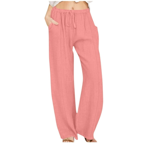 UAMVSH Cotton Linen Pants for Women Soft Summer Beach Vacation Lounge Palazzo Pants Loose Fit Drawstring Pants with Pockets(3X-Large,Pink)