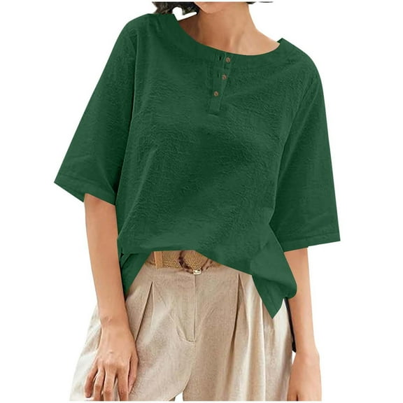 UAMVSH Cotton Linen Shirts for Women Baggy Solid Color Casual Blouses Lightweight Half Sleeve Button down Baggy Beach Vacation Tops(X-Large,Army Green)