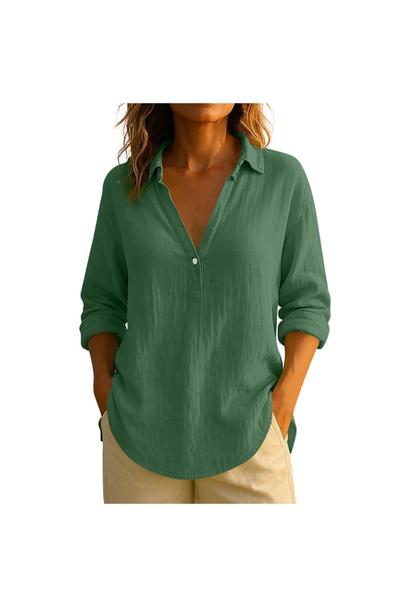 Cotton Linen Shirts for Women Lightweight Summer Casual Tops Soft Fall Long Sleeve Lapel V-Neck Button Vacation Dressy Blouses(Small,Army Green)