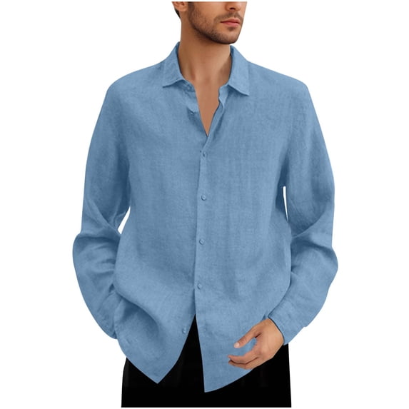 UAMVSH Cotton Linen Shirts for Men Plus Size Long Sleeve Work Business Dressy Tshirts Lightweight Button down Lapel Neck Tops(4X-Large,Light Blue)
