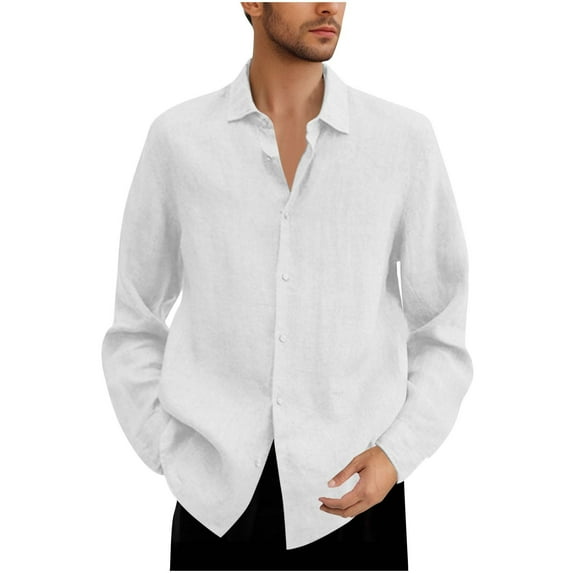 UAMVSH Cotton Linen Shirts for Men Plus Size Long Sleeve Work Business Dressy Tshirts Lightweight Button down Lapel Neck Tops(X-Large,White 1)