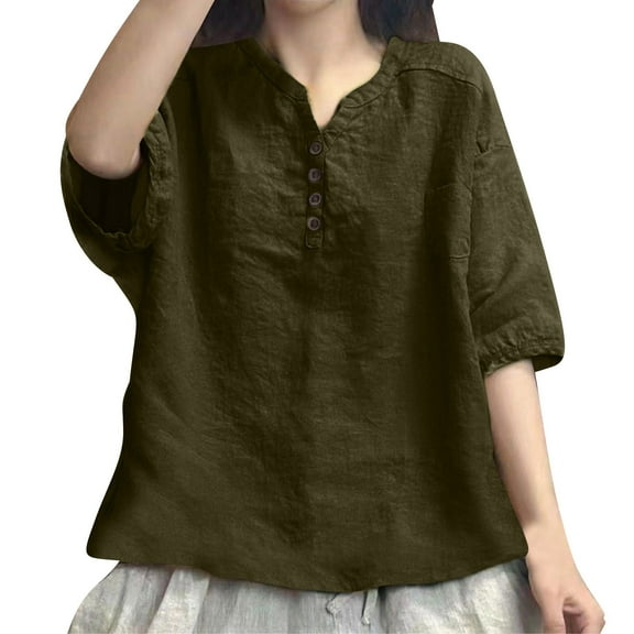 UAMVSH Cotton Linen Shirts for Women Button down Lightweight Casual Tops Loose Fit Half Sleeve Beach Vacation Blouses Summer Fall(Medium,Army Green)