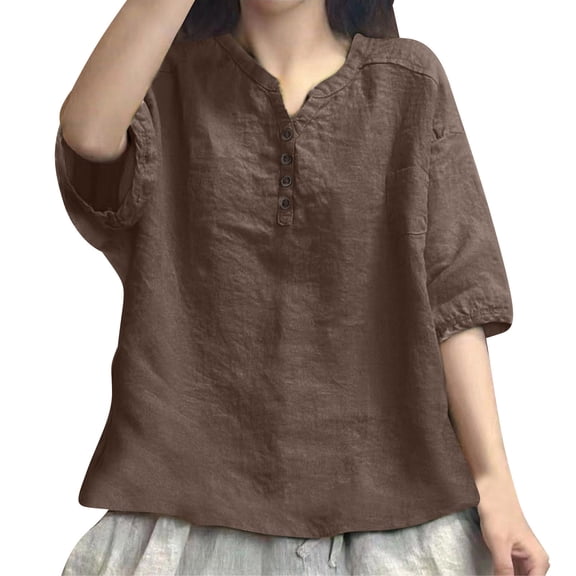 UAMVSH Cotton Linen Shirts for Women Button down Lightweight Casual Tops Loose Fit Half Sleeve Beach Vacation Blouses Summer Fall(XX-Large,Coffee)