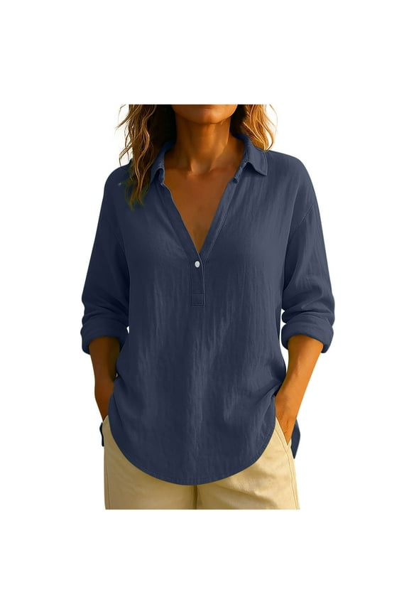 Cotton Linen Shirts for Women Lightweight Summer Casual Tops Soft Fall Long Sleeve Lapel V-Neck Button Vacation Dressy Blouses(Large,Navy)