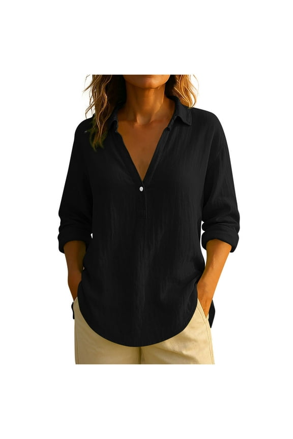 Cotton Linen Shirts for Women Lightweight Summer Casual Tops Soft Fall Long Sleeve Lapel V-Neck Button Vacation Dressy Blouses(Medium,Black)